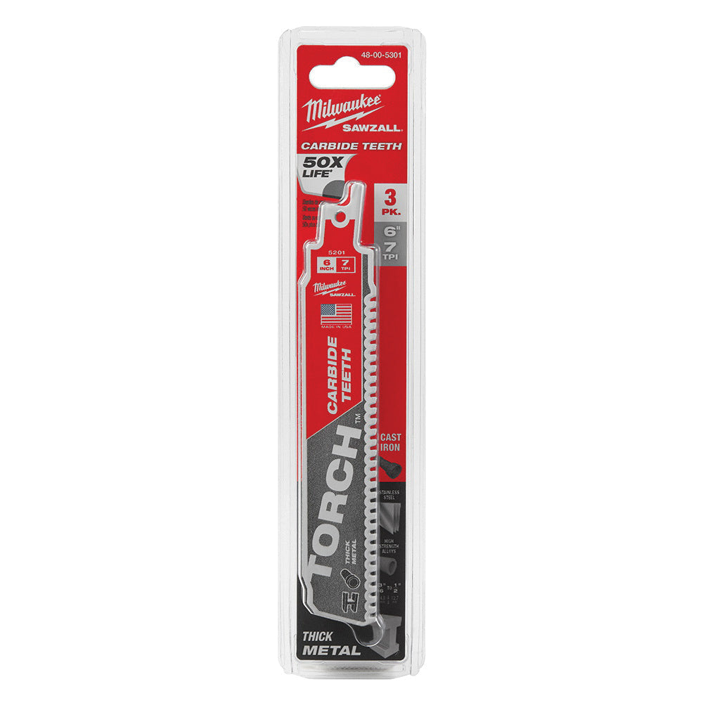 Milwaukee 48-00-5301 6" | 7-TPI The TORCH with CARBIDE TEETH SAWZALL Blades (Pack of 3)