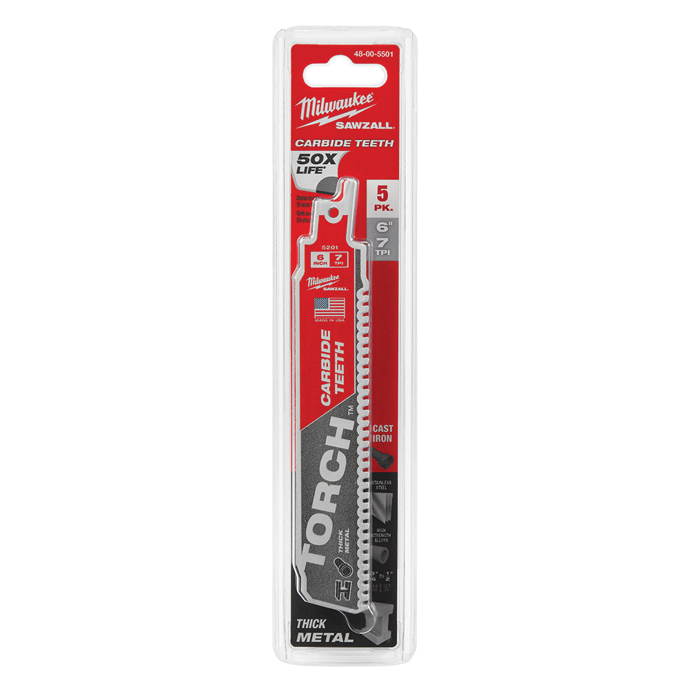 Milwaukee 48-00-5501 6" | 7-TPI The TORCH with CARBIDE TEETH SAWZALL Blades (Pack of 5)