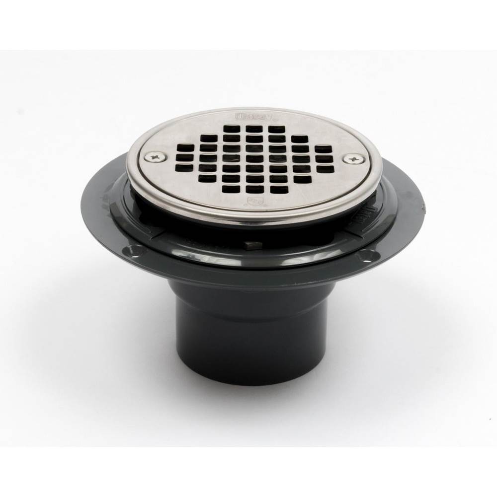 Oatey 42271 2" PVC Round Low Profile Drain and Polished Stainless Steel Screw-In Strainer with Ring and Test Plug