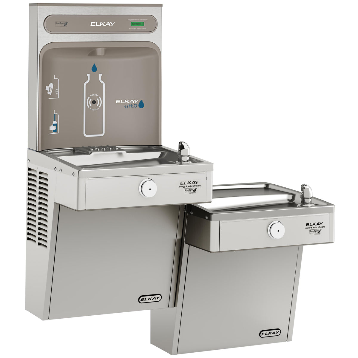 Elkay ezH2O Bottle Filling Station & Bi-Level High Efficiency Vandal-Resistant Cooler Non-Filtered Refrigerated Stainless