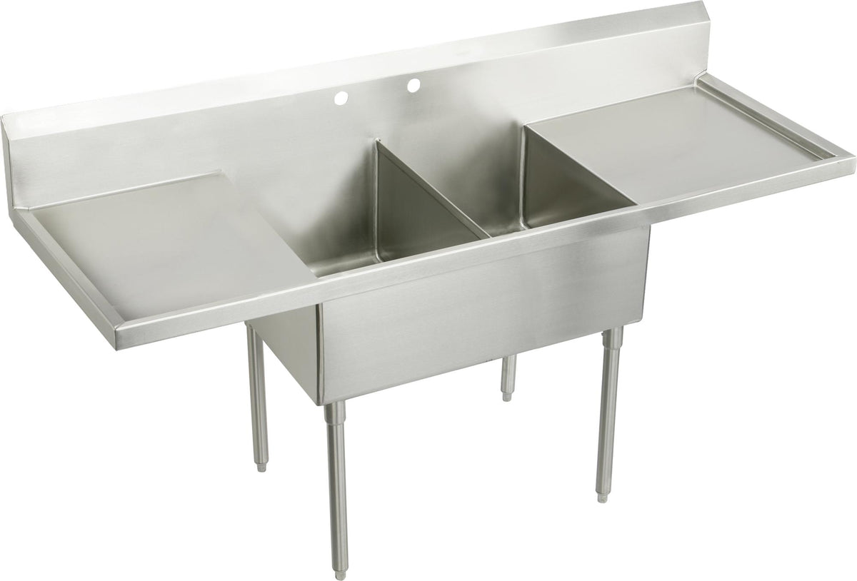Elkay Weldbilt Stainless Steel 96" x 27-1/2" x 14" Floor Mount Double Compartment 2-Hole Scullery Sink with L&R Drainboards