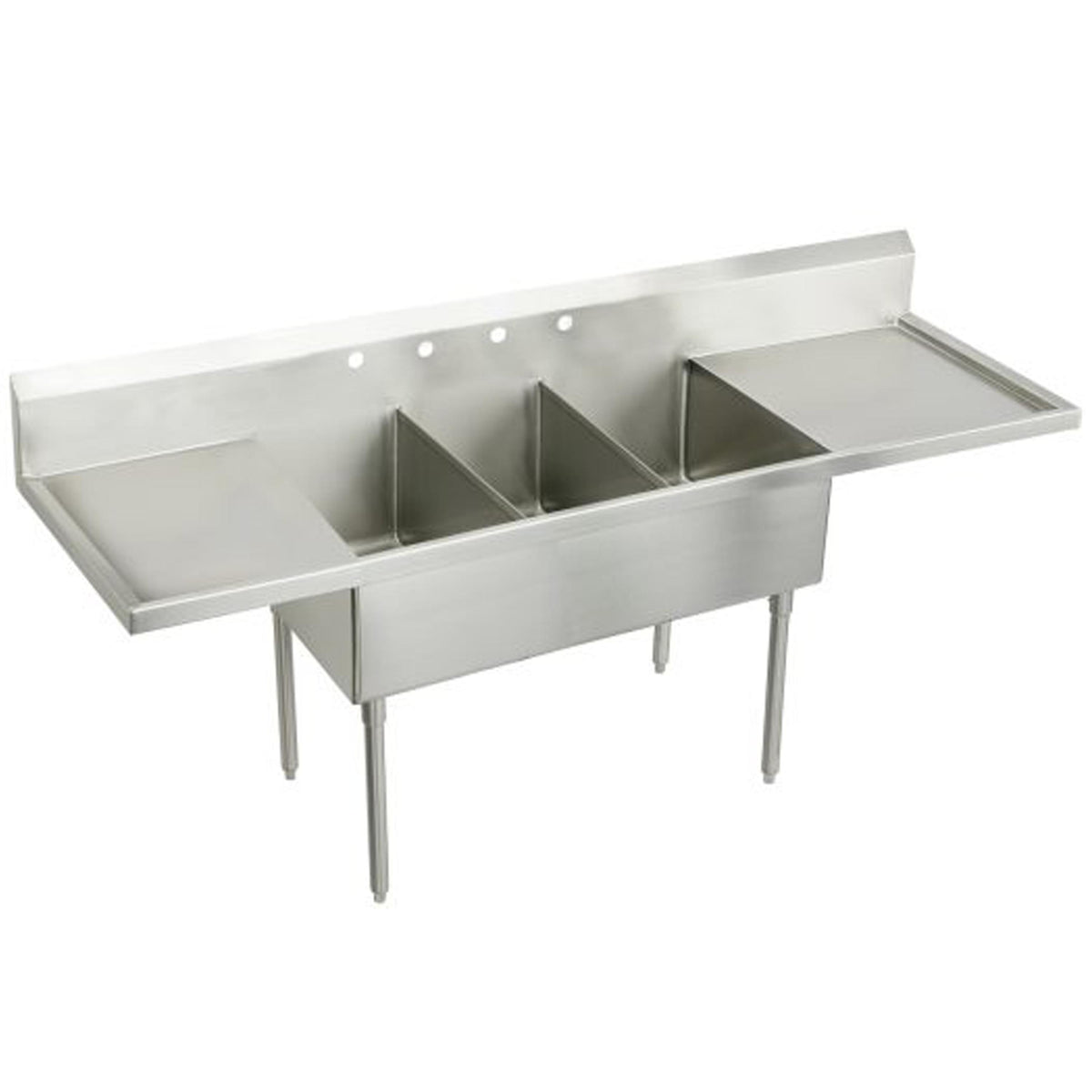 Elkay Weldbilt Stainless Steel 102" x 27-1/2" x 14" Floor Mount Triple Compartment 4-Hole Scullery Sink w/L&R Drainboards