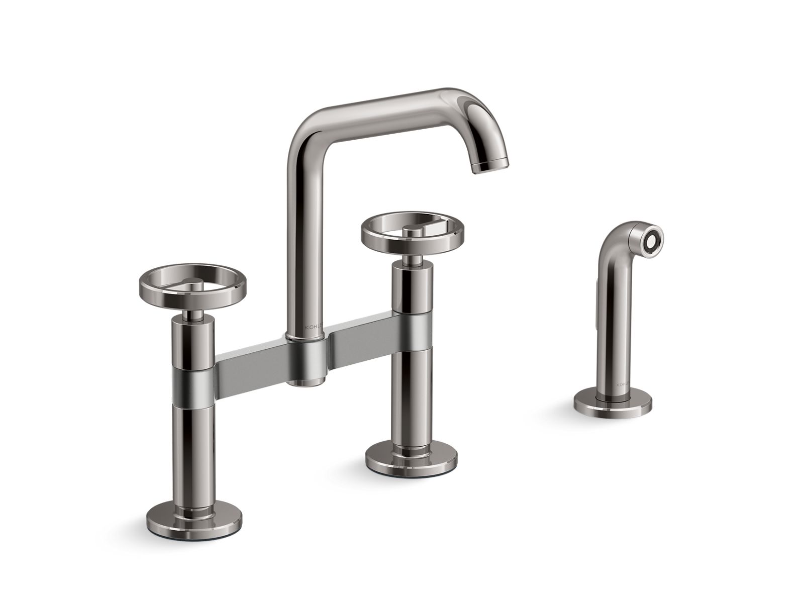 KOHLER Billet™ Two-hole bridge kitchen sink faucet with side sprayer