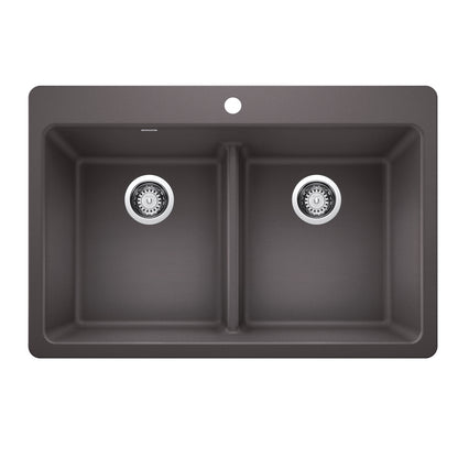 BLANCO Liven SILGRANIT 33" 50/50 Double Bowl Dual Mount Kitchen Sink with Low Divide - Cinder