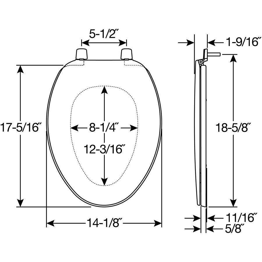 Bemis 170 Elongated Plastic Closed Front with Cover Toilet Seat with Top·Tite® Hinges - Dimensions