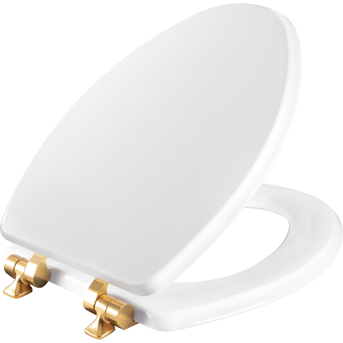 Bemis 1826BGSL Mayfair by Bemis Benton® Elongated Enameled Wood Toilet Seat in White with Brushed Gold Hinges Featuring Stay·Tite® Seat Fastening System™ and Whisper·Close® - White