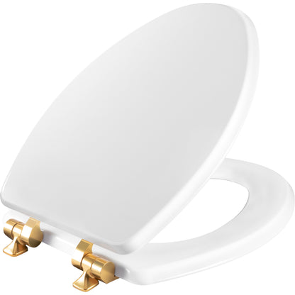 Bemis 1826BGSL Mayfair by Bemis Benton® Elongated Enameled Wood Toilet Seat in White with Brushed Gold Hinges Featuring Stay·Tite® Seat Fastening System™ and Whisper·Close® - White