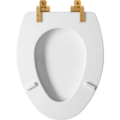Bemis 1826BGSL Mayfair by Bemis Benton® Elongated Enameled Wood Toilet Seat in White with Brushed Gold Hinges Featuring Stay·Tite® Seat Fastening System™ and Whisper·Close® - White