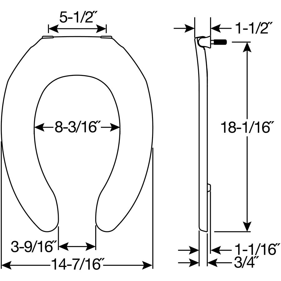 Bemis 255SSC Church Elongated Plastic Toilet Seat in White with Self-Sustaining Check Hinges - Dimensions