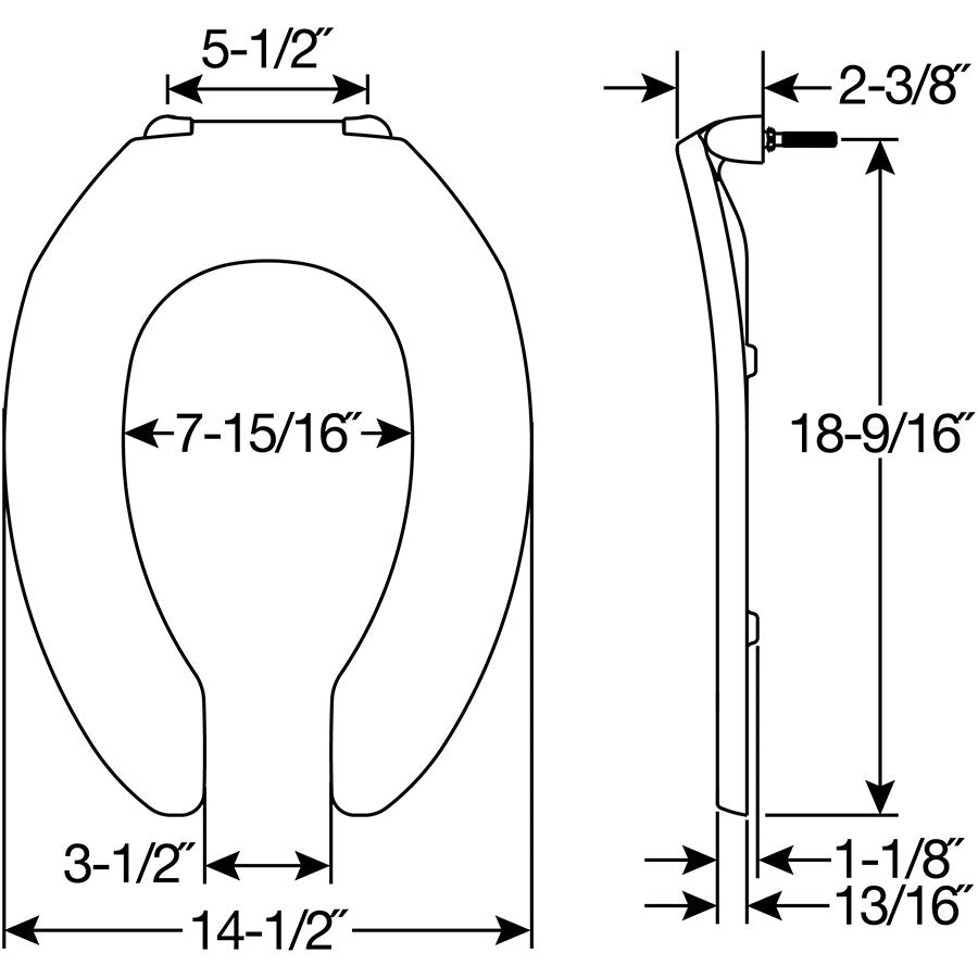 Bemis 295CT Church Elongated Open Front Less Cover Commercial Plastic Toilet Seat with Stay·Tite® Commercial Fastening System™ and Check Hinges - Dimensions
