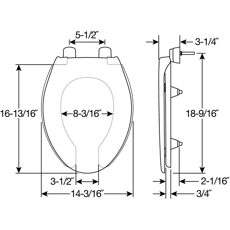 Bemis 2L2150T Elongated Open Front With Cover Medic-Aid® 2" Lift Plastic Toilet Seat in White with Stay·Tite® Commercial Seat Fastening System™ , DuraGuard®, and Super·Grip Bumpers™ - Dimensions