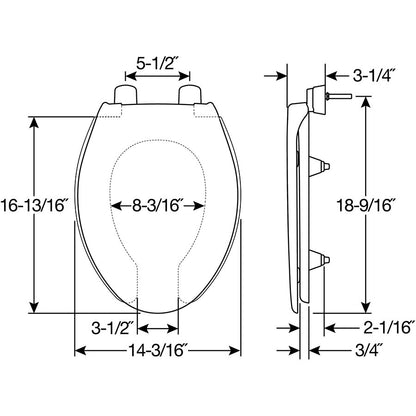 Bemis 2L2150T Elongated Open Front With Cover Medic-Aid® 2" Lift Plastic Toilet Seat in White with Stay·Tite® Commercial Seat Fastening System™ , DuraGuard®, and Super·Grip Bumpers™ - Dimensions