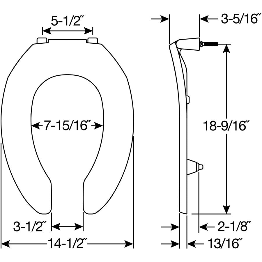 Bemis 2L2155T Elongated Open Front Less Cover Medic-Aid® 2" Lift Plastic Toilet Seat in White with Stay·Tite® Commercial Seat Fastening System™, DuraGuard® and Super·Grip® Bumpers - Dimensions