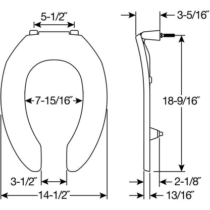 Bemis 2L2155T Elongated Open Front Less Cover Medic-Aid® 2" Lift Plastic Toilet Seat in White with Stay·Tite® Commercial Seat Fastening System™, DuraGuard® and Super·Grip® Bumpers - Dimensions