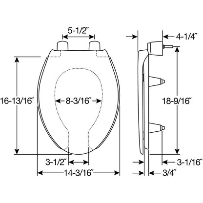 Bemis 3L2150T Elongated Open Front With Cover Medic-Aid® Plastic Toilet Seat in White Featuring Stay·Tite® Commercial Seat Fastening System™, DuraGuard®, Super·Grip® Bumpers and 3-inch Lifts - Dimensions