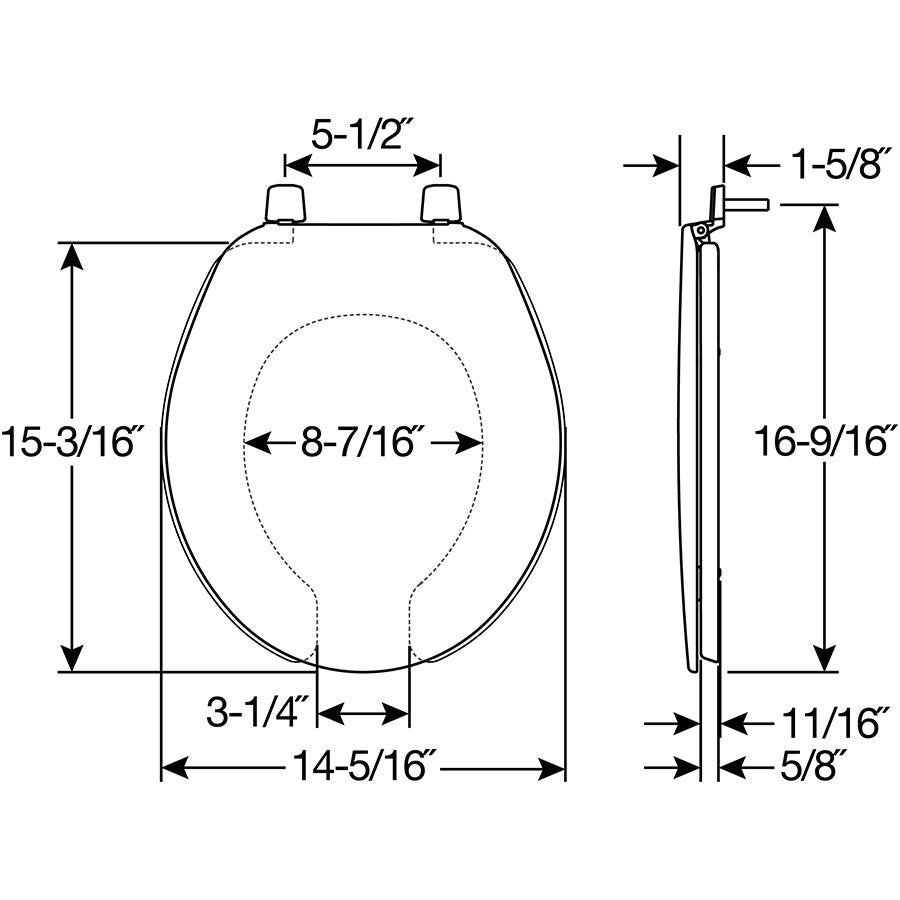 Bemis 75 Round Plastic Open Front with Cover Toilet Seat with Top·Tite® Hinges - Dimensions