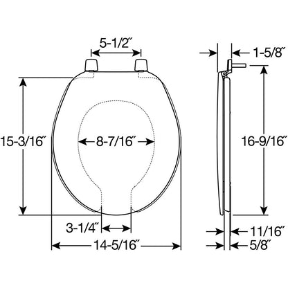 Bemis 75 Round Plastic Open Front with Cover Toilet Seat with Top·Tite® Hinges - Dimensions