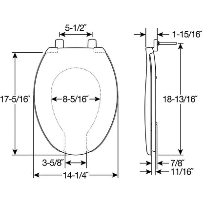 Bemis 7650TDG Elongated Open Front With Cover Hospitality Plastic Toilet Seat in White with Stay·Tite® Commercial Fastening System™ and DuraGuard® - Dimensions