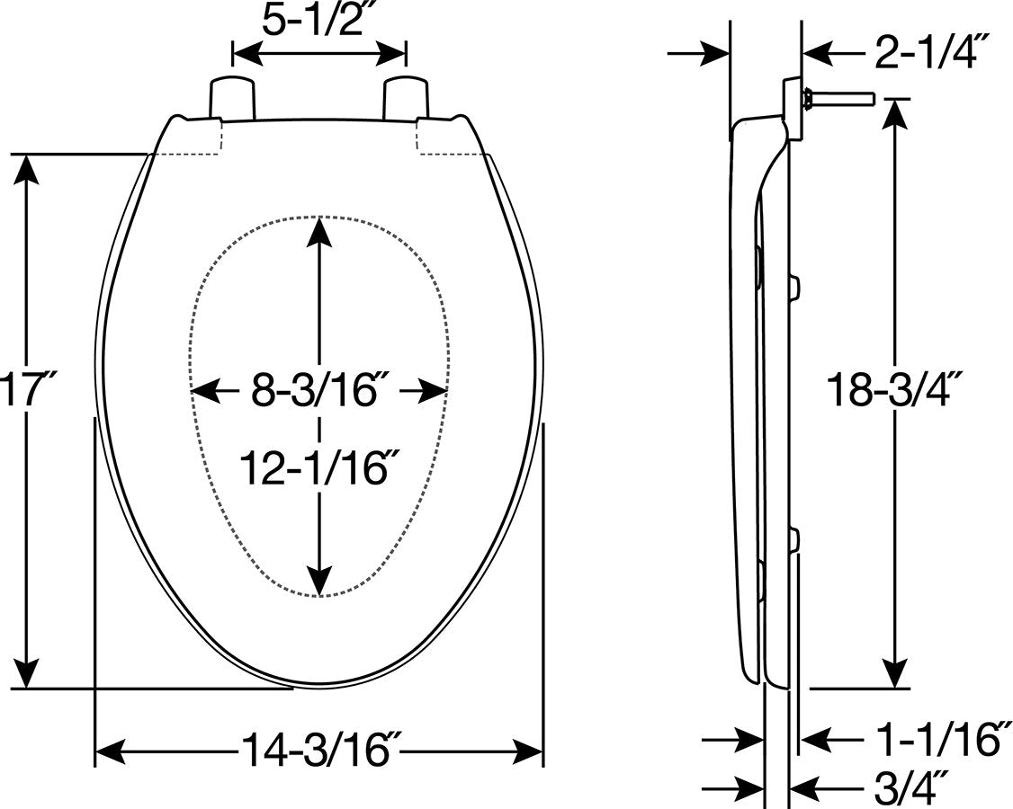 Bemis 7800TDG Elongated Hospitality Plastic Toilet Seat in White Featuring Stay·Tite® Commercial Fastening System™ and DuraGuard® - Dimensions