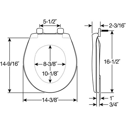 Bemis 790TDGSL Round Hospitality Commercial Plastic Closed Front with Cover Toilet Seat in White Featuring Stay·Tite® Commercial Fastening System™, Whisper·Close®, Super·Grip® Bumpers, and DuraGuard® - Dimensions