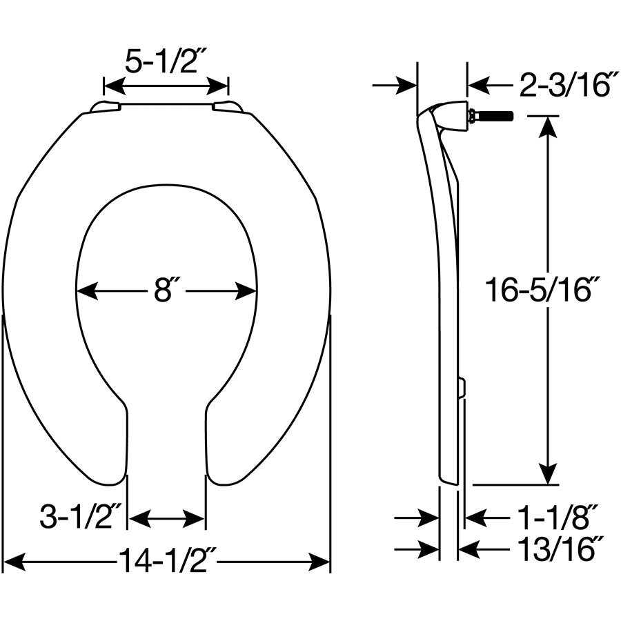 Bemis 955SSCT Round Open Front Less Cover Commercial Plastic Toilet Seat in Black with Stay·Tite® Commercial Fastening System™ Self-Sustaining Check Hinge - Dimensions