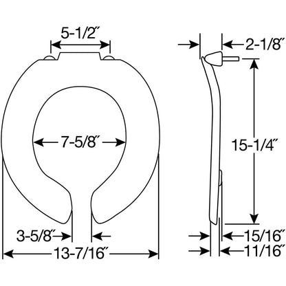 Bemis BB955CT Baby Bowl Open Front Less Cover Commercial Plastic Toilet Seat in White with Stay·Tite® Commercial Fastening System™, Check Hinges, and DuraGuard® - Dimensions