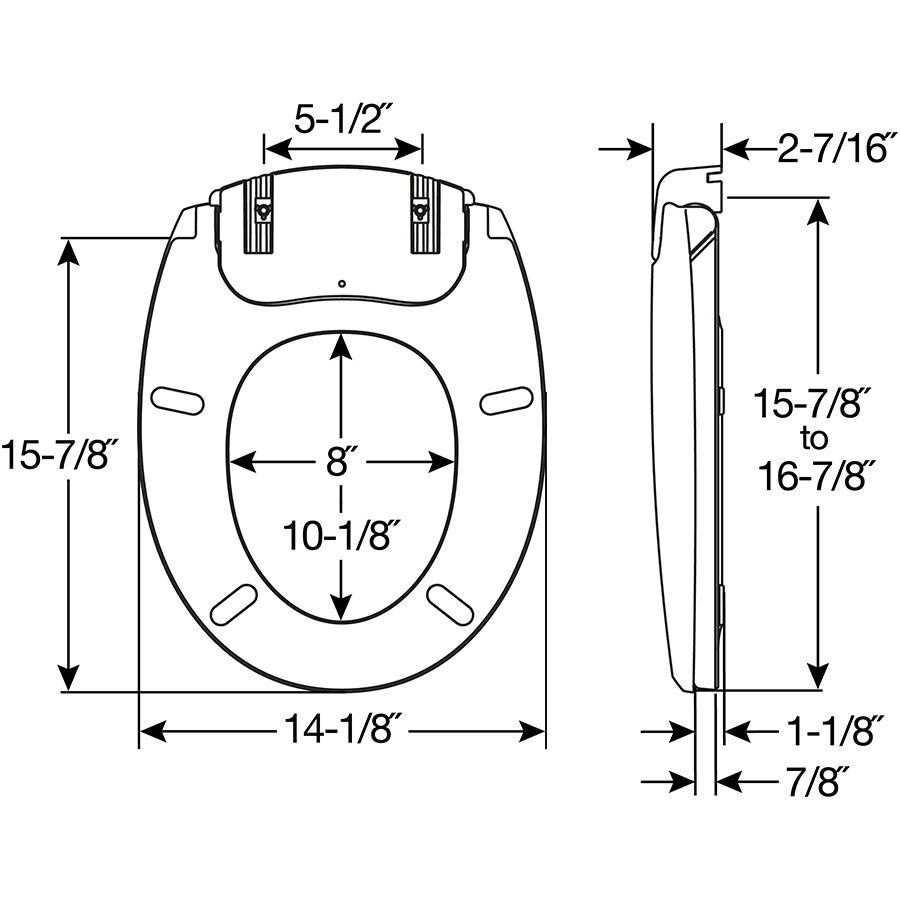 Bemis H900NL Radiance™ Round Plastic Heated Toilet Seat in White Featuring Stay·Tite® Seat Fastening System™, Whisper·Close®, Precision·Fit® and Super·Grip® Bumpers - Dimensions