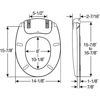 Bemis H900NL Radiance™ Round Plastic Heated Toilet Seat in White Featuring Stay·Tite® Seat Fastening System™, Whisper·Close®, Precision·Fit® and Super·Grip® Bumpers - Dimensions
