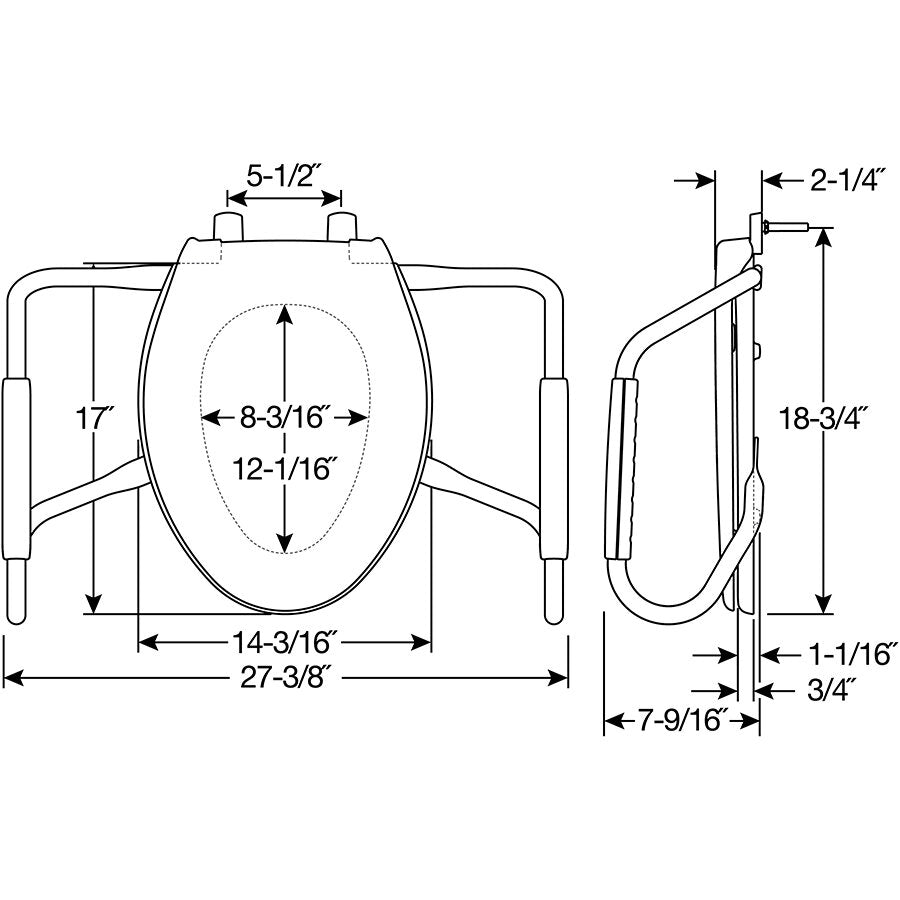 Bemis MA2100T Elongated Medic-Aid® Stainless Steel Safety Side Arms is a Plastic Toilet Seat in White with Stay·Tite® Commercial Seat Fastening System™ and DuraGuard® - Dimensions