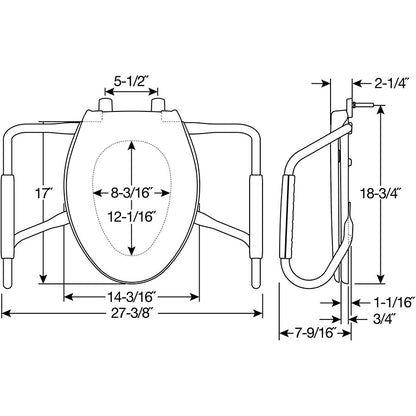 Bemis MA2100T Elongated Medic-Aid® Stainless Steel Safety Side Arms is a Plastic Toilet Seat in White with Stay·Tite® Commercial Seat Fastening System™ and DuraGuard® - Dimensions