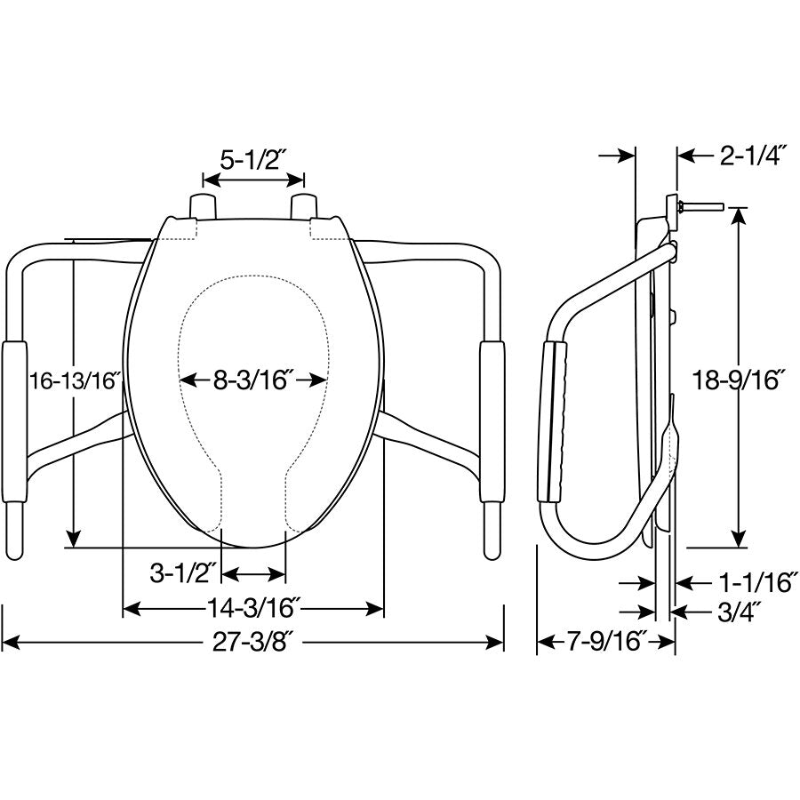 Bemis MA2150T Elongated Open Front Medic-Aid® Stainless Steel Safety Side Arms is a Plastic Toilet Seat in White Featuring Stay·Tite® Commercial Fastening System™ and DuraGuard® - Dimensions