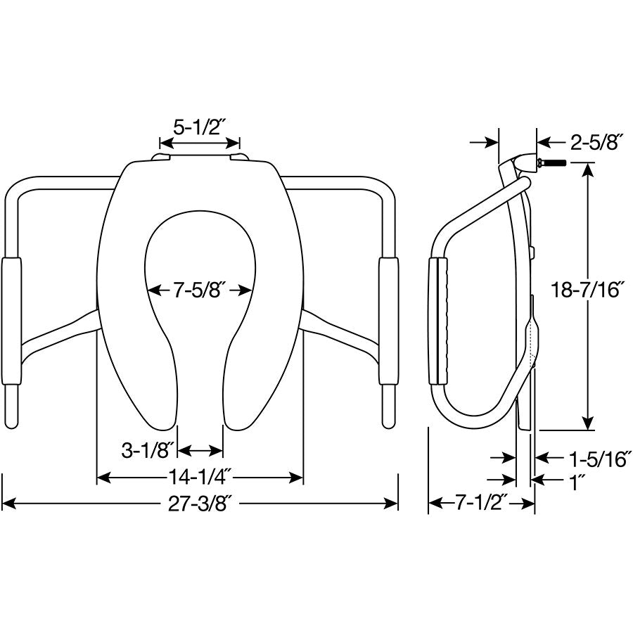 Bemis MA2155T Elongated Open Front Less Cover Medic-Aid® Stainless Steel Safety Side Arms is a Plastic Toilet Seat in White with Stay·Tite® Commercial Fastening System™ and DuraGuard® - Dimensions