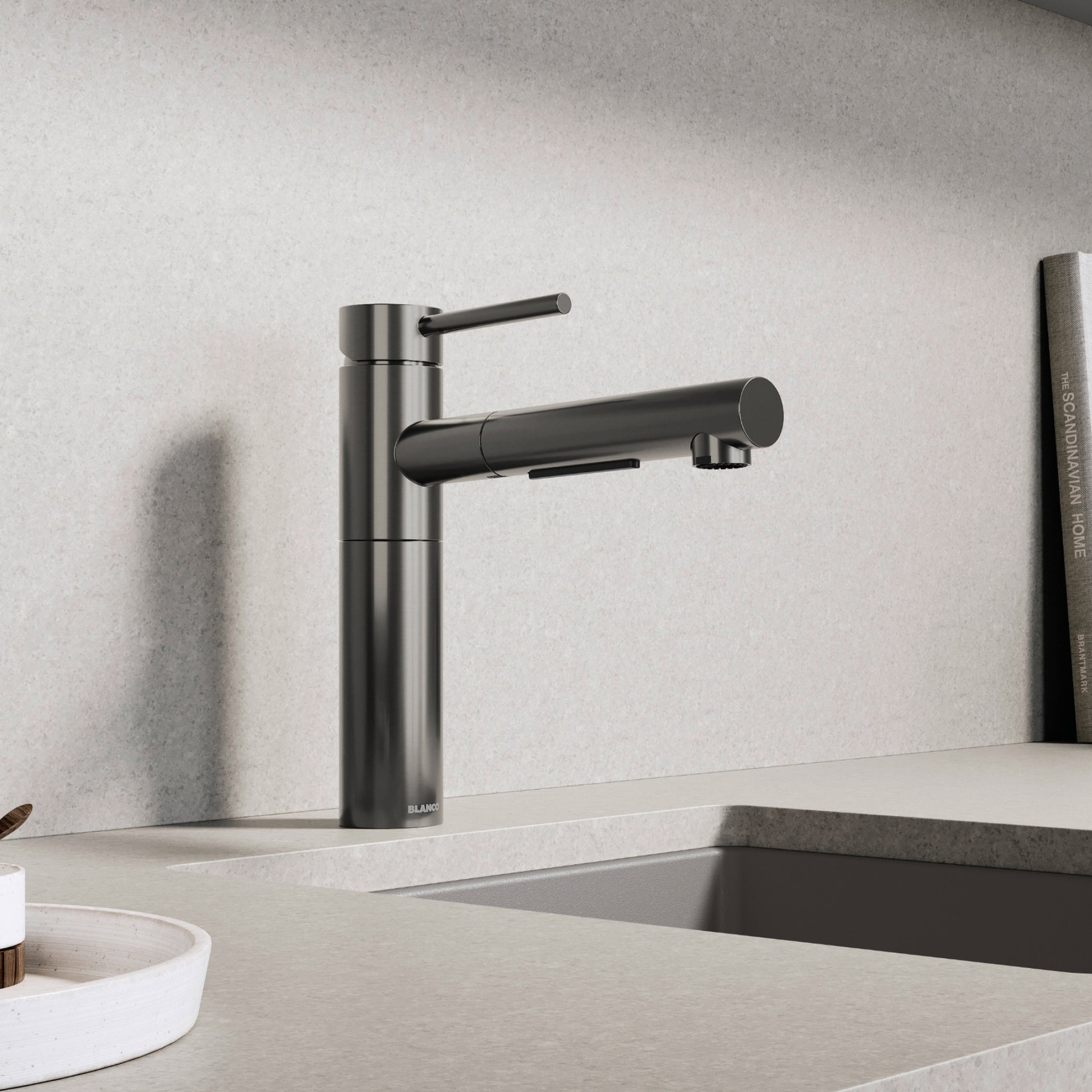 Satin Dark Steel - BLANCO Alta II Low Arc Pull-Out Dual-Spray Kitchen Faucet