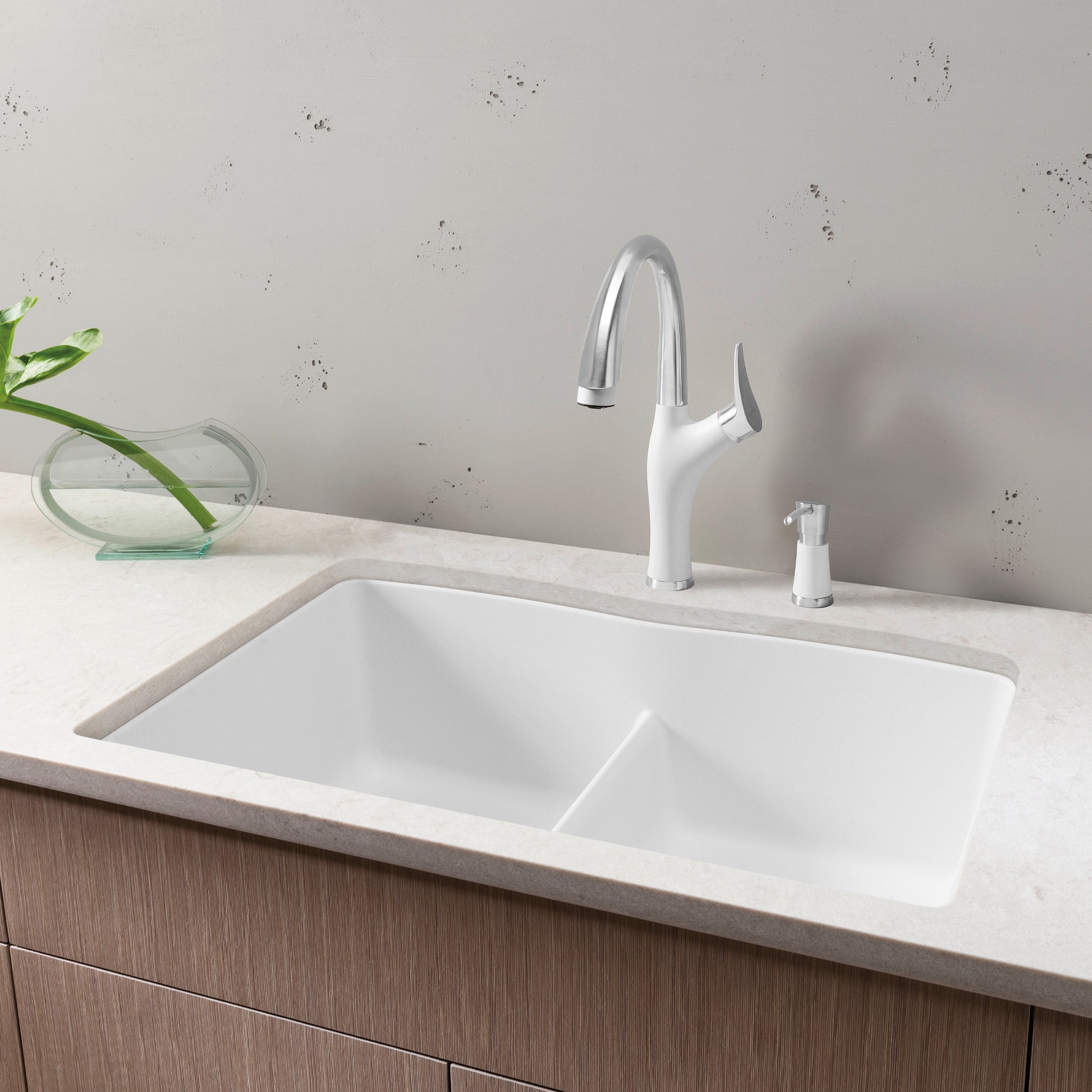 White - BLANCO Diamond SILGRANIT 32" 50/50 Double Bowl Undermount Kitchen Sink with Low Divide