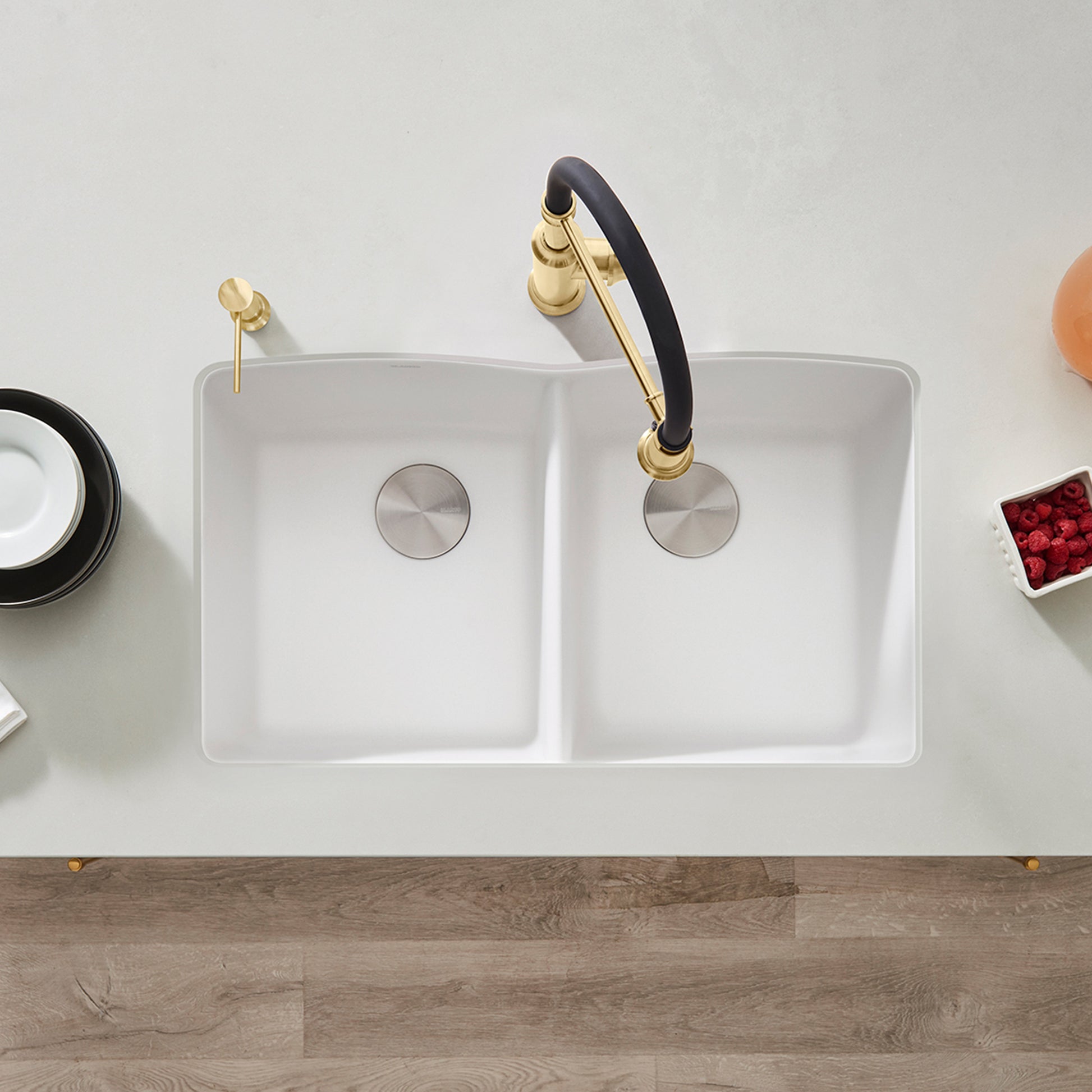 White - BLANCO Diamond SILGRANIT 32" 50/50 Double Bowl Undermount Kitchen Sink