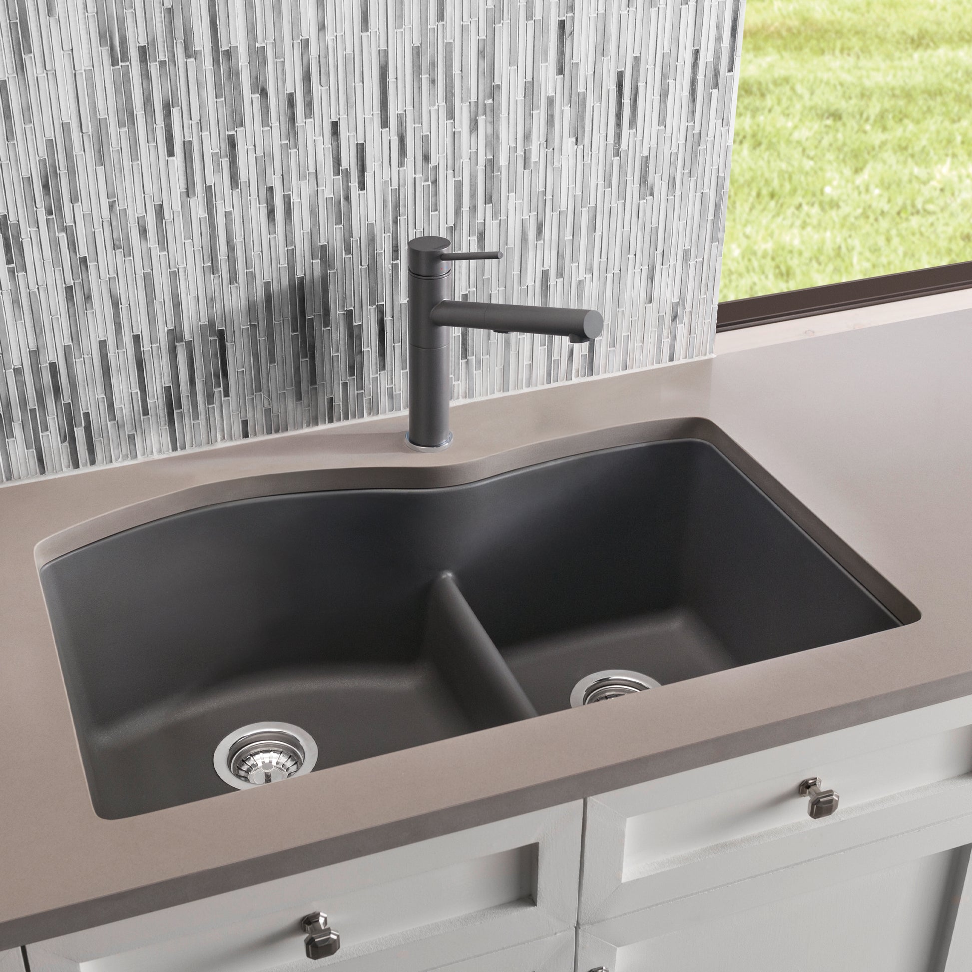 Cinder - BLANCO Diamond SILGRANIT 32" 60/40 Double Bowl Undermount Kitchen Sink with Low Divide