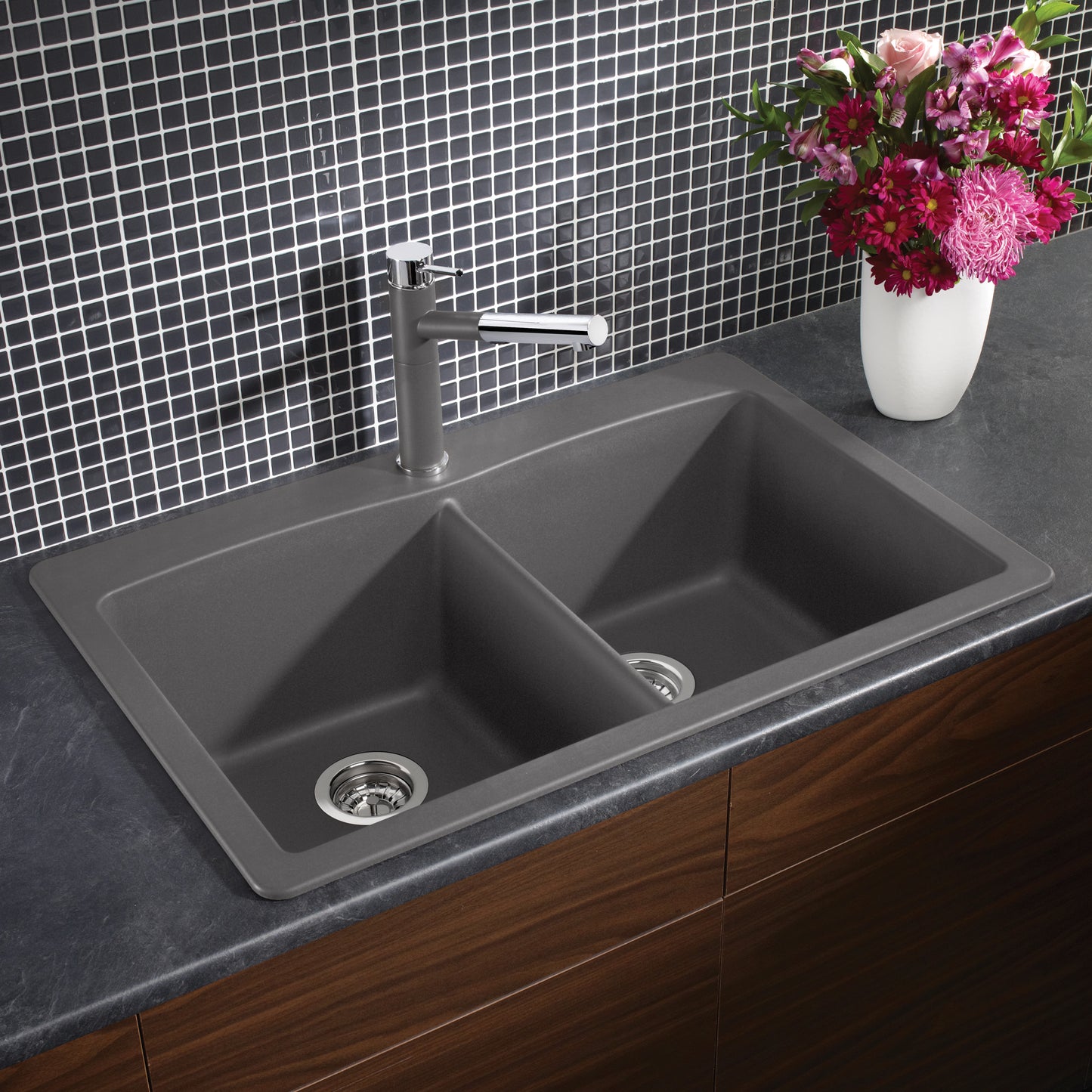 Cinder - BLANCO Diamond SILGRANIT 33" 50/50 Double Bowl Dual Mount Kitchen Sink