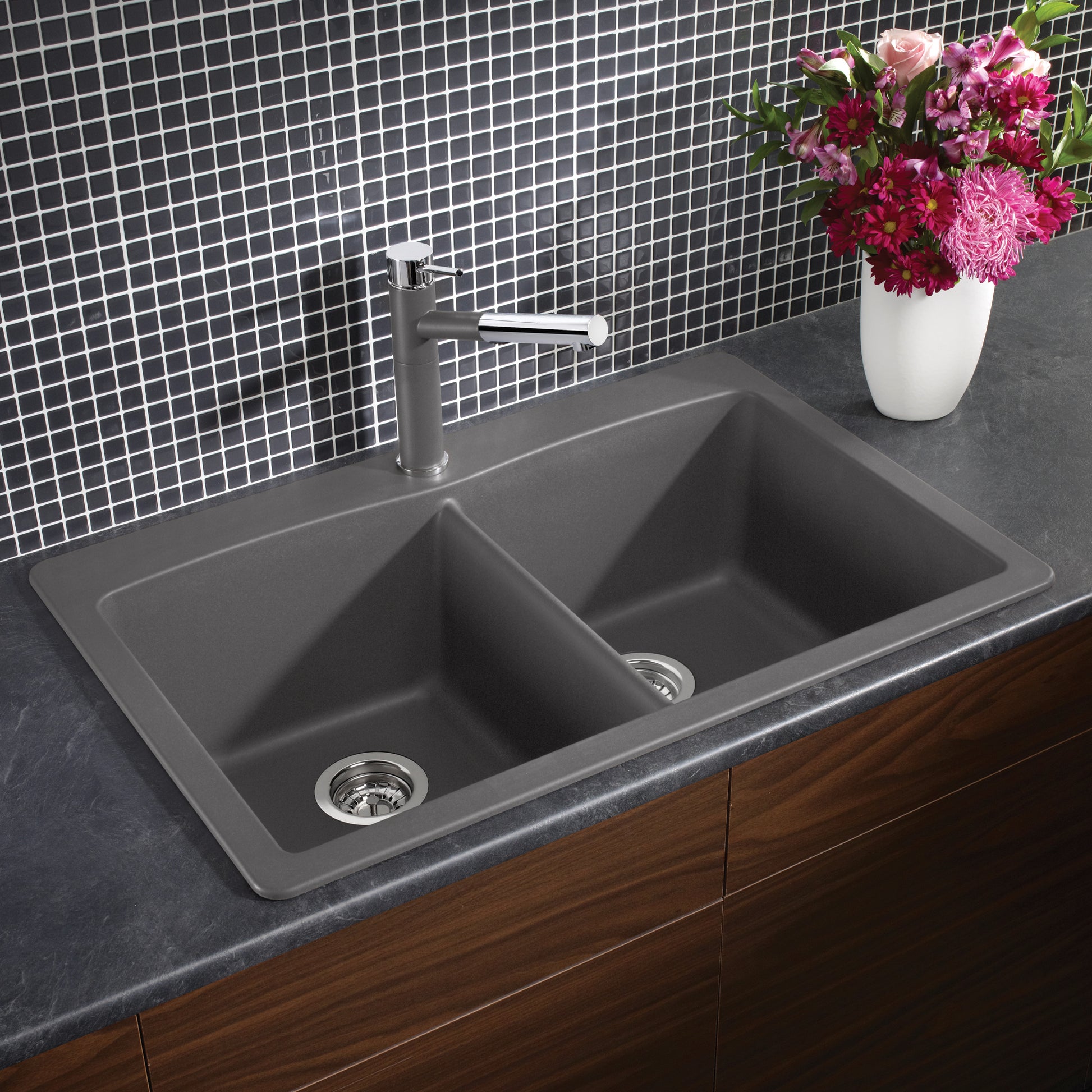 Cinder - BLANCO Diamond SILGRANIT 33" 50/50 Double Bowl Dual Mount Kitchen Sink