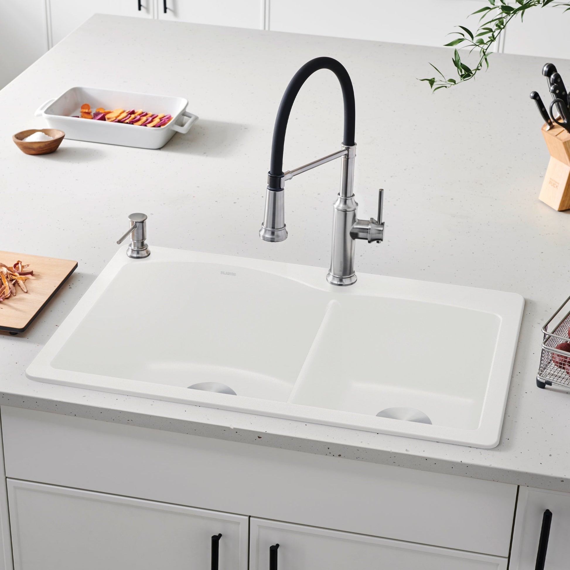 White - BLANCO Diamond SILGRANIT 33" 60/40 Double Bowl Dual Mount Kitchen Sink