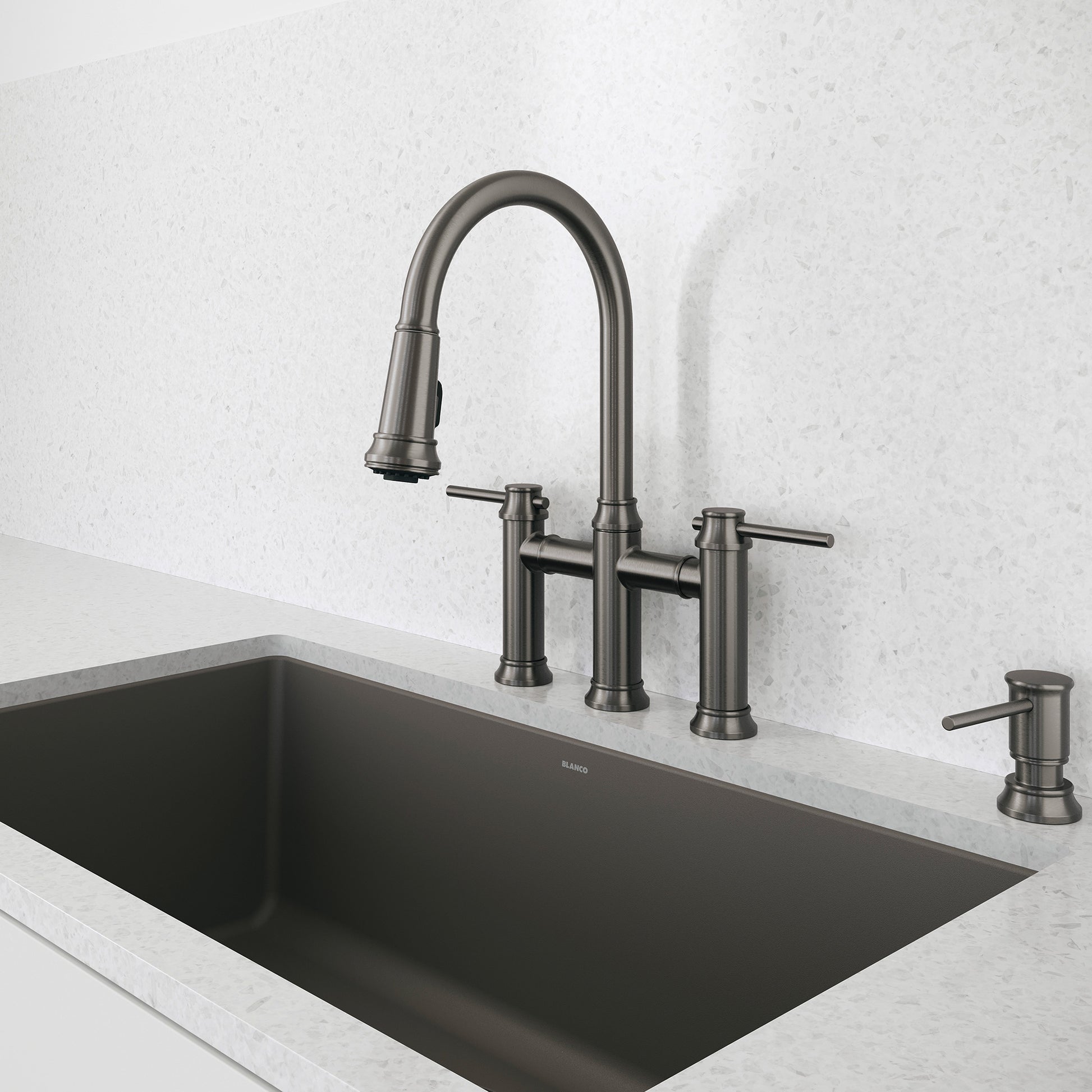 Satin Dark Steel - BLANCO Empressa Pull-Down Dual-Spray Bridge Faucet
