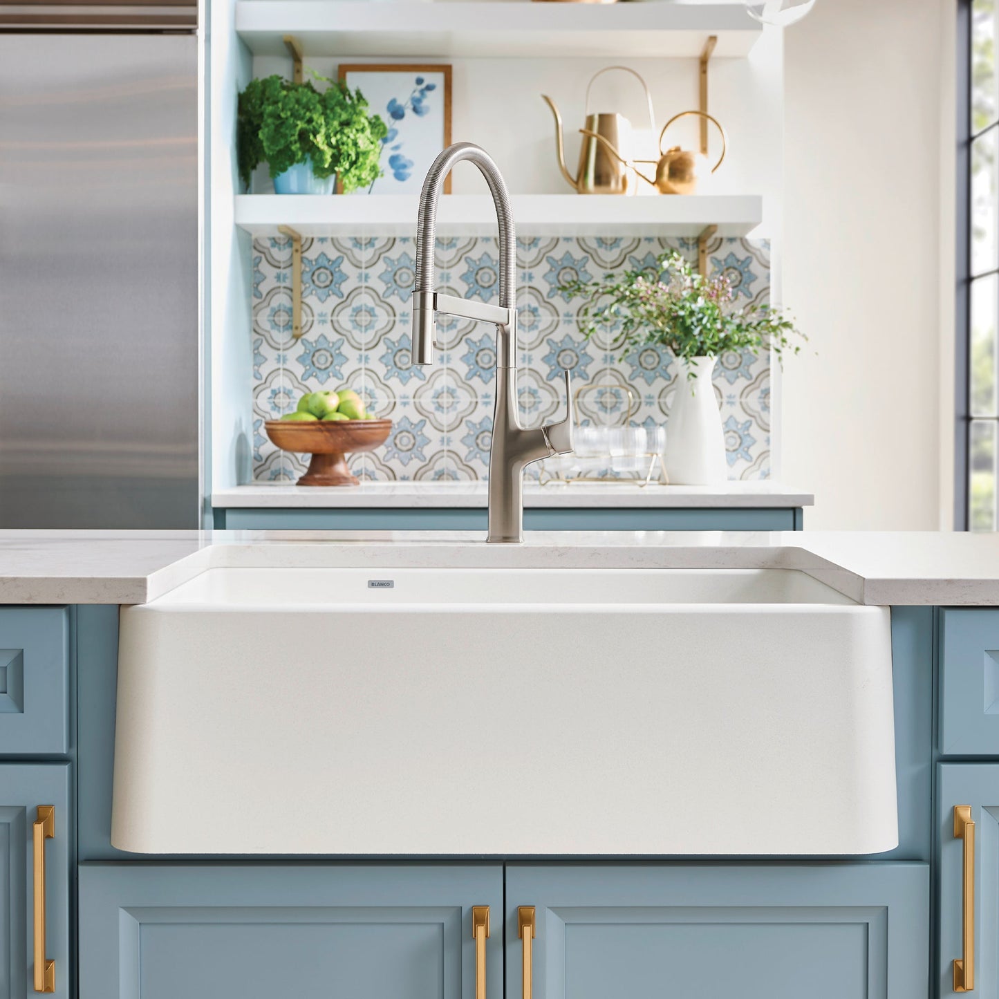 White - BLANCO Ikon SILGRANIT 33" Double Bowl Apron-Front Farmhouse Sink with Low Divide