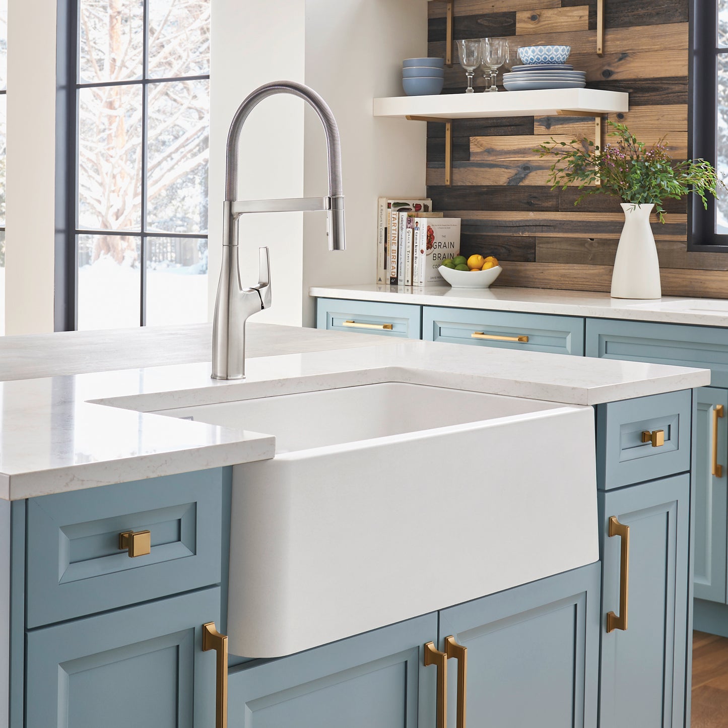 White - BLANCO Ikon SILGRANIT 33" Double Bowl Apron-Front Farmhouse Sink with Low Divide