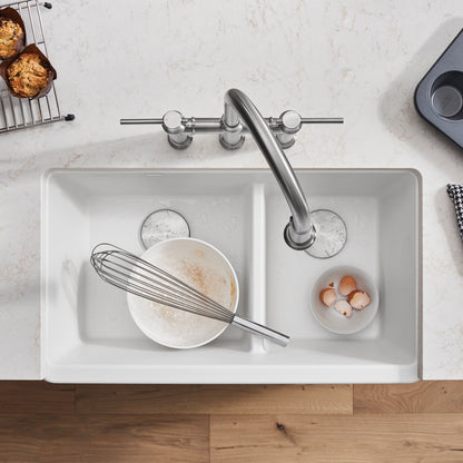 White - BLANCO Ikon SILGRANIT 33" Double Bowl Apron-Front Farmhouse Sink with Low Divide