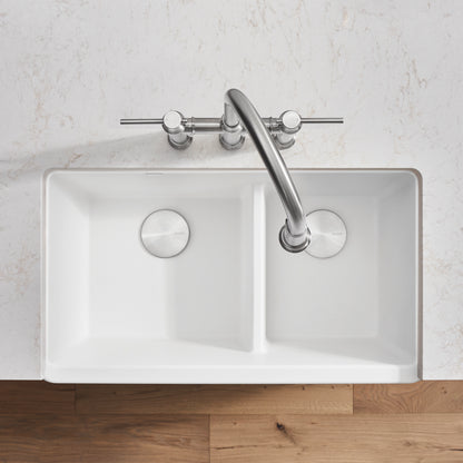 White - BLANCO Ikon SILGRANIT 33" Double Bowl Apron-Front Farmhouse Sink with Low Divide