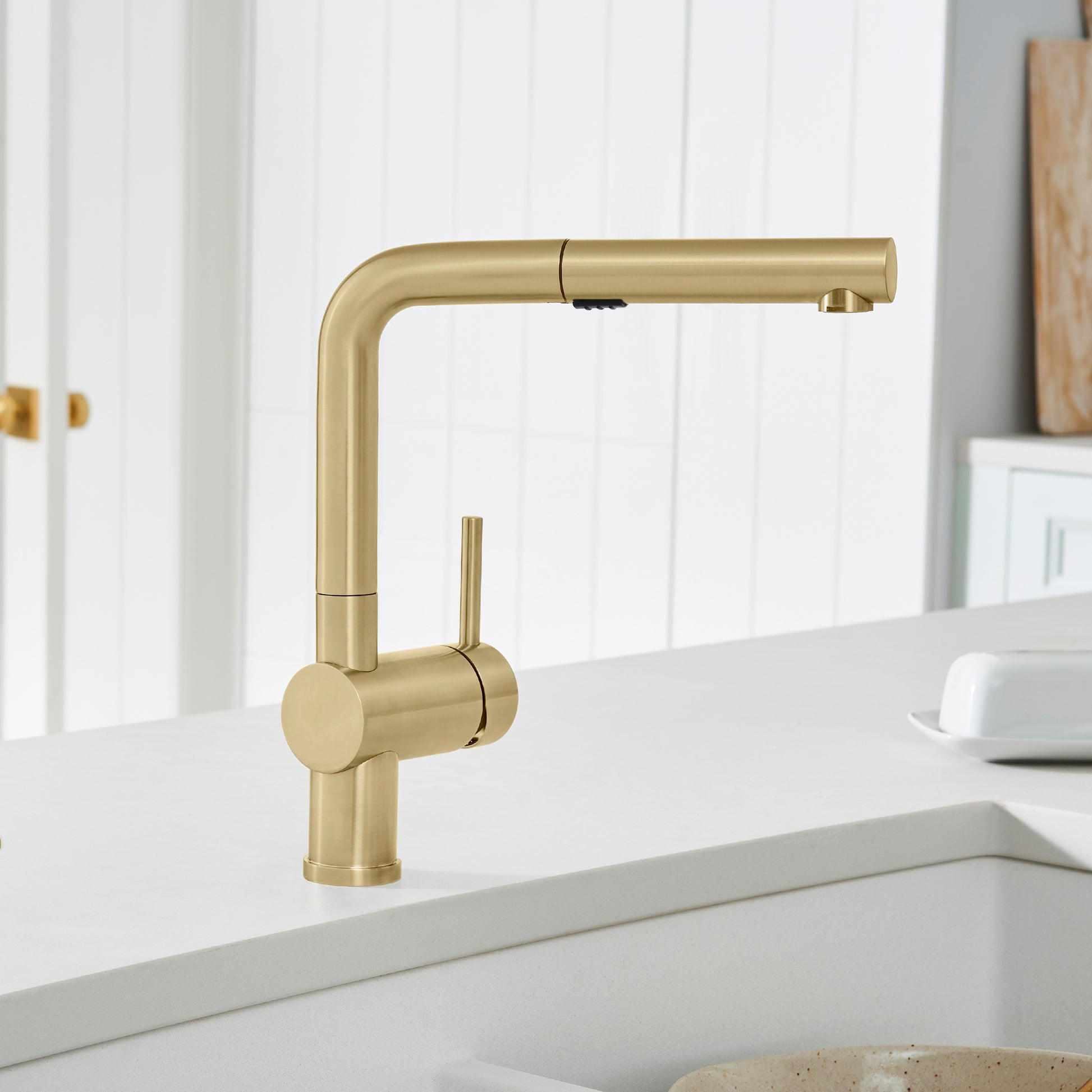 Satin Gold - BLANCO Linus Low Arc Pull-Out Dual-Spray Kitchen Faucet