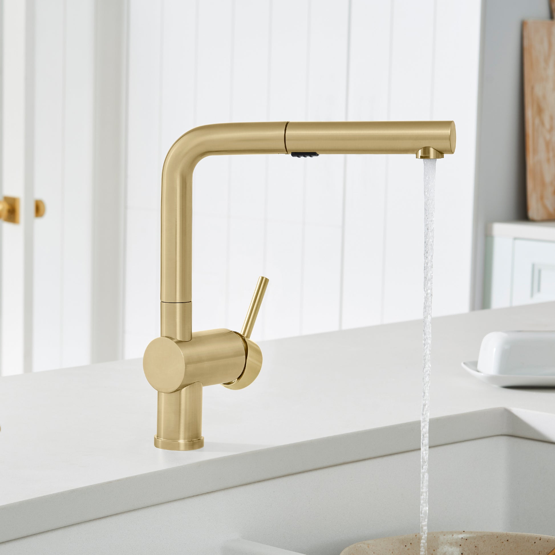 Satin Gold - BLANCO Linus Low Arc Pull-Out Dual-Spray Kitchen Faucet