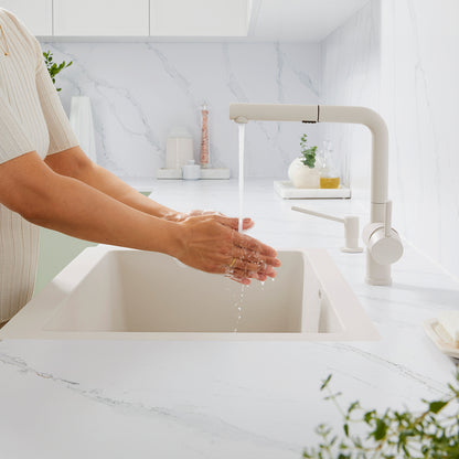 Soft White - BLANCO Linus Low Arc Pull-Out Dual-Spray Kitchen Faucet