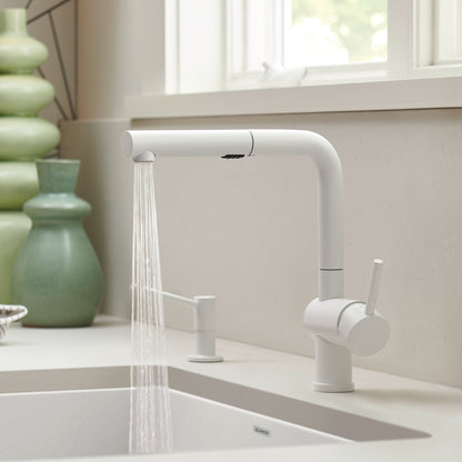 White - BLANCO Linus Low Arc Pull-Out Dual-Spray Kitchen Faucet