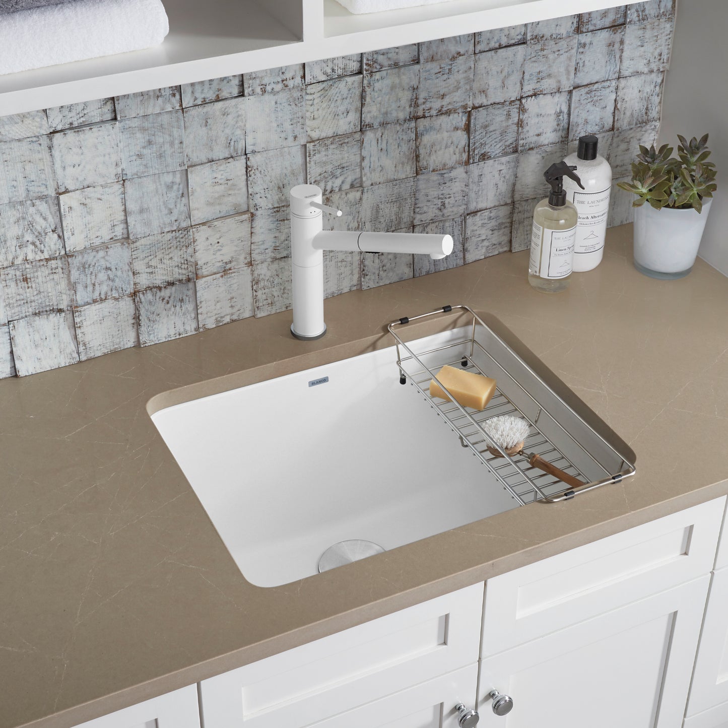 White - BLANCO Liven SILGRANIT 25" Single Bowl Dual Mount Laundry Sink