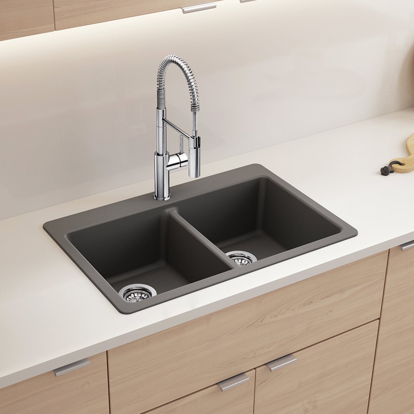 Cinder - BLANCO Liven SILGRANIT 33" 50/50 Double Bowl Dual Mount Kitchen Sink with Low Divide